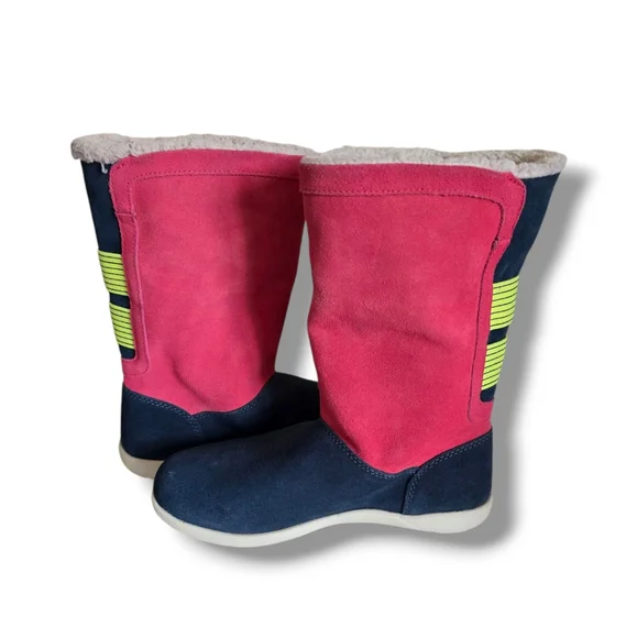 CROCS Women's Adela Foldover Fuzz Suede Booties Pink Poppy/Yellow Stucco/Navy - Picture 7 of 16